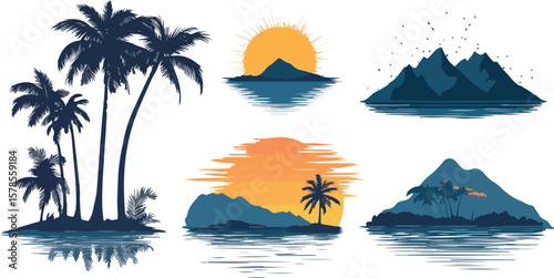 Tropical Island Silhouettes with Palm Trees Mountains and Sunset Illustrations