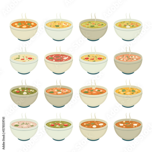 Variety of Hot Soups in Bowls