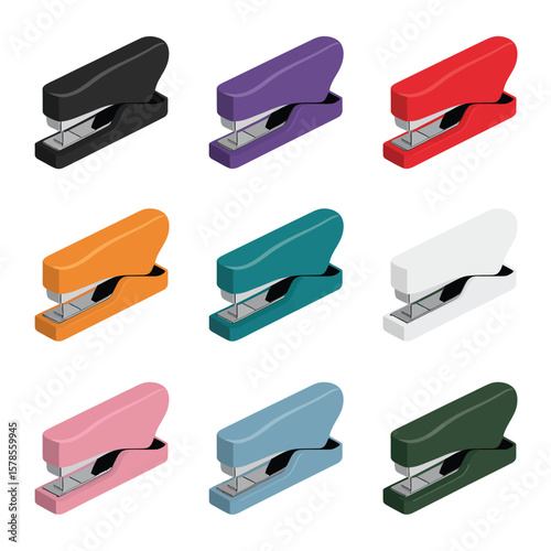 Collection of Colorful Staplers in Isometric View