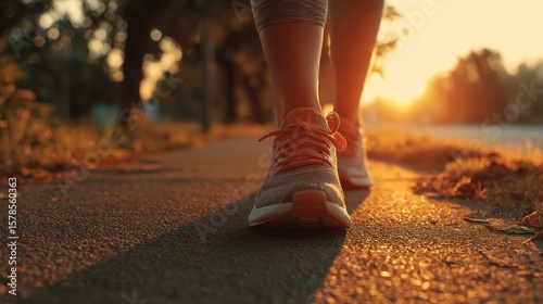 closeup of woman feet in running shoes walking on sunlit pathway during morning sunrise