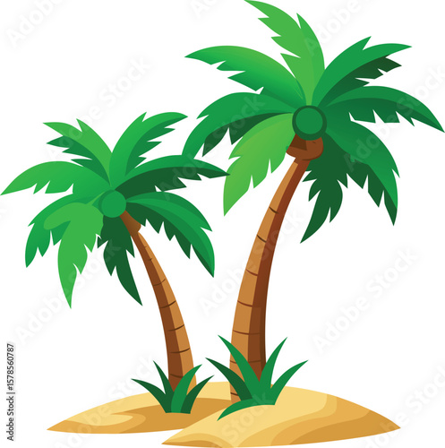 Two stylized cartoon palm trees with green fronds and brown trunks stand on a sandy island with green grass
