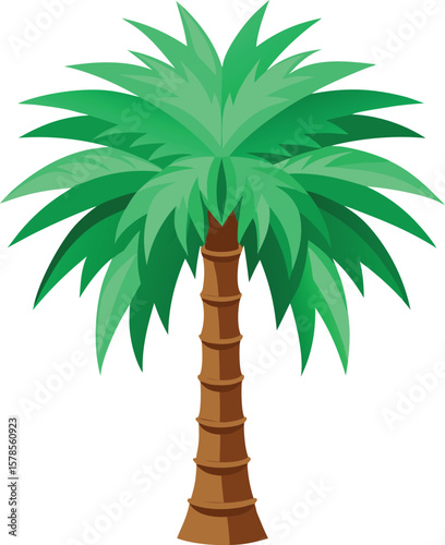Stylized illustration of a vibrant green palm tree with a textured brown trunk against a white background