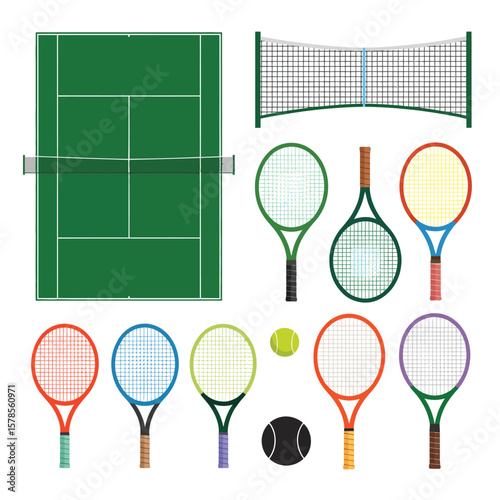 Tennis Court and Equipment Flat Design