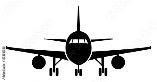 Landing Airplane Black Icon Front View Silhouette in Minimal Flat Vector Style, Simple Aviation Symbol Isolated on White Background, Aircraft Pictogram for Travel, Flight, Airport, Transport Themes