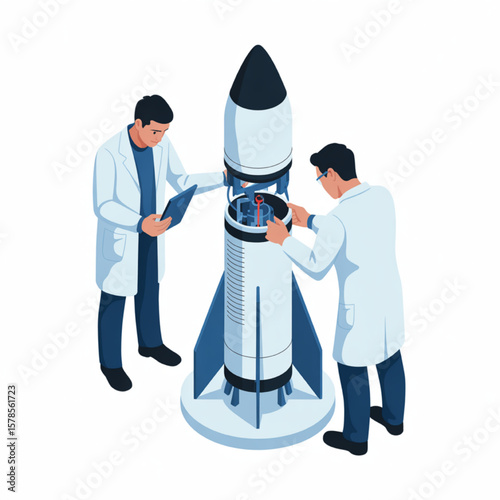 Scientists in lab coats working on a rocket model, testing and assembling its parts, representing research, technology, and space exploration.