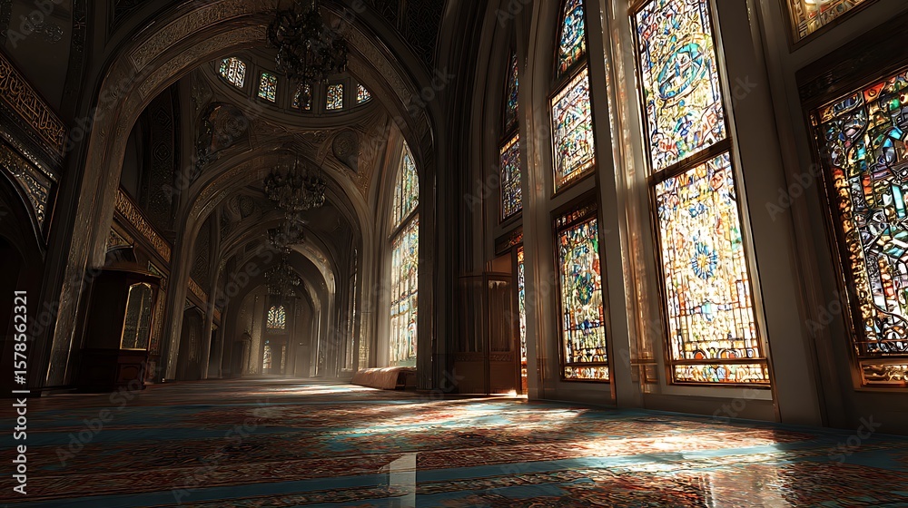 Obraz premium Grand hallway with stained glass windows in an ornate building.
