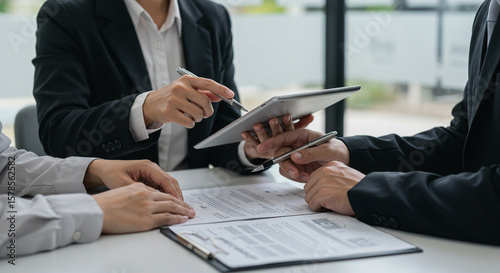 Business Meeting Collaboration Contract Signature Tablet Review Teamwork Discussion Professional Agreement Strategy