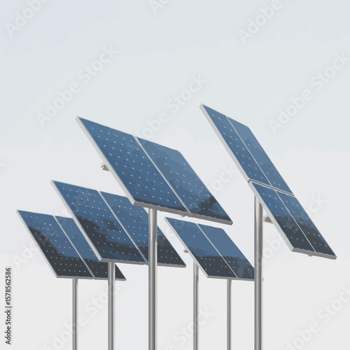 Solar Panels Mounted on Metal Poles Against a Light Background