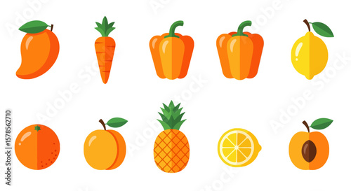 Orange Fruits and Vegetables: Flat Vector Icons