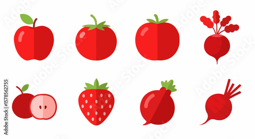 Red Fruits and Vegetables Flat Vector Set