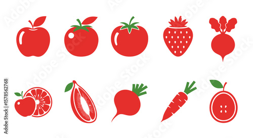 Red Fruit and Vegetable Icon Set on White