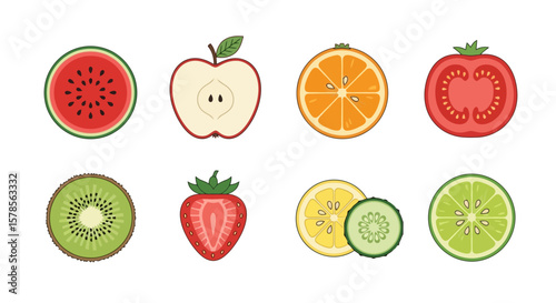Colorful Fruit and Vegetable Halves: Vector Illustration