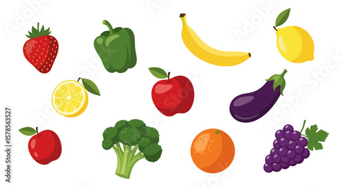 Vibrant Fruits and Vegetables: A Colorful Still Life Illustration