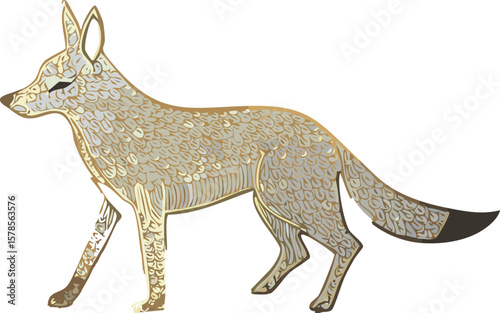 Golden jackal walking on rocky terrain with shimmering golden coat and upright ears, rendered in artistic style.
