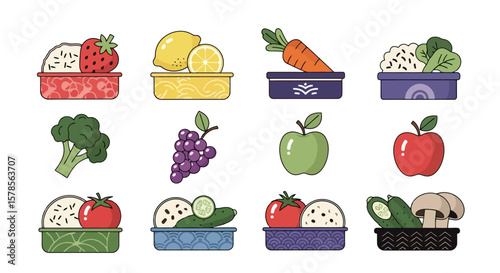 Bento Box Variety: Healthy Food Icons for Stock