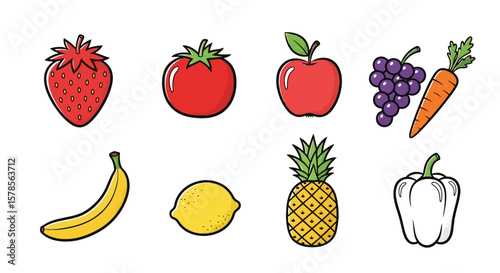 Colorful Fruits and Vegetables Vector Illustration Set
