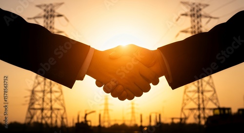 Business Handshake with Golden Sunrise and Power Lines Silhouette