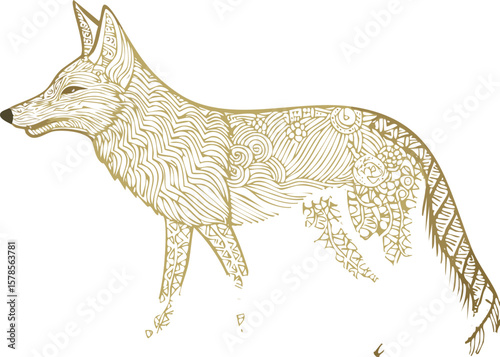 Side profile of a golden jackal with golden shimmer and black tail tip, ideal for wildlife merchandise.