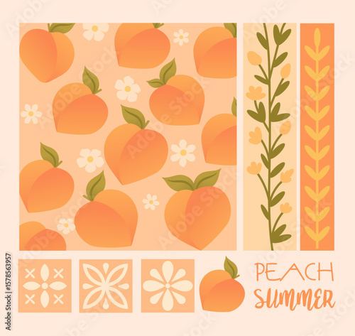 Summer. Peaches. Vector illustration of flowers, pattern, Italian pink ceramics and tiles, peaches for invitation, poster, background, postage stamp or card 