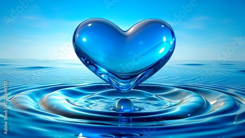 Heart-shaped water droplet creates ripples in a calm blue lake under a clear sky during daylight