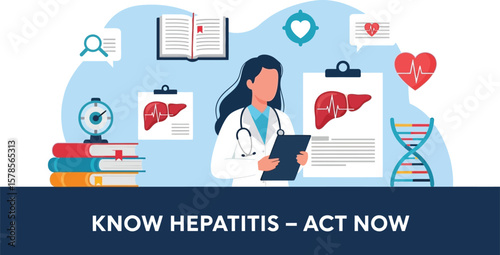 Hepatitis awareness campaign featuring doctor, liver health, and medical research for public health