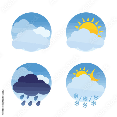 Four weather icons depict sunny, cloudy, rainy, and snowy weather conditions, ideal for weather apps, websites, or presentations needing simple and visually appealing meteorological symbols.