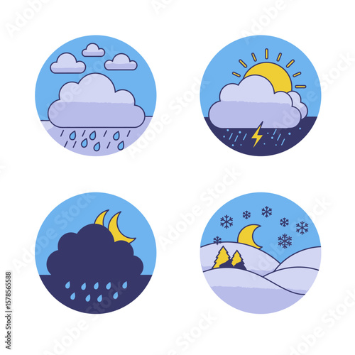 A collection of weather icons, featuring rain, sun, lightning, moon, snow, and clouds, designed in a flat, colorful, and illustrative style, perfect for weather reports.