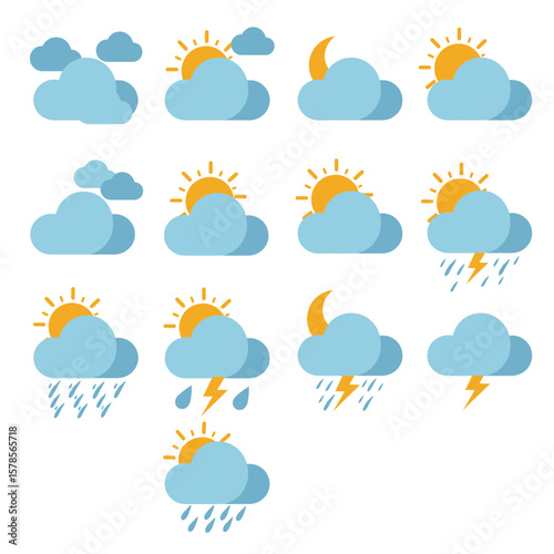 Collection of stylized flat design weather icons representing various meteorological conditions like sun, clouds, rain, and thunderstorms.