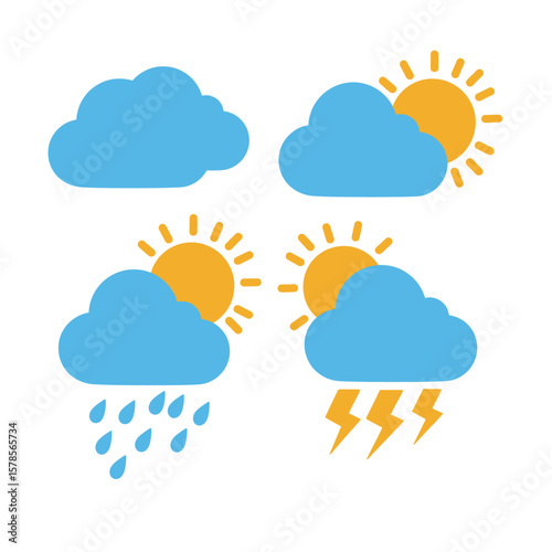 Four weather icons depicting sunny, cloudy, rainy, and stormy weather conditions, ideal for weather apps, websites, or presentations needing simple and visually appealing meteorological symbols.