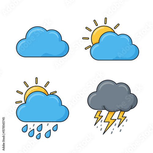 A set of illustrated weather icons depicting sunny, partly cloudy, rainy, and stormy conditions, perfect for educational materials and weather forecasts.