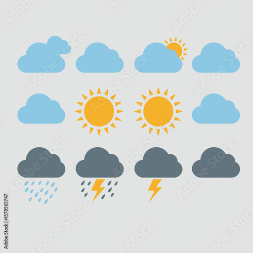 A vector illustration depicts various weather conditions, including sunny, cloudy, rainy, and stormy, against a neutral background for use in weather-related designs.