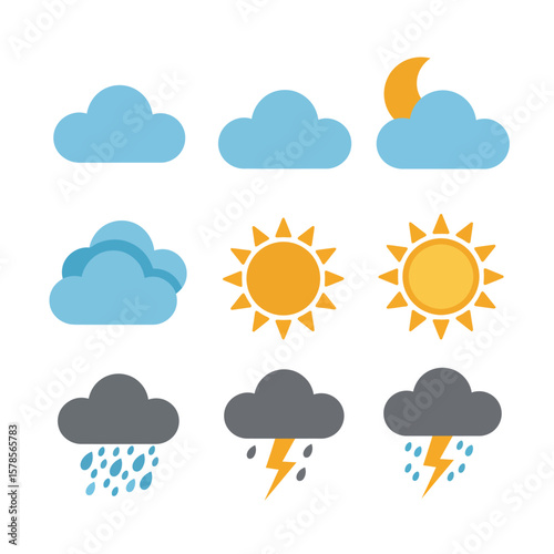 Collection of nine simple weather icons depicting sunshine, clouds, rain, and lightning, ideal for weather apps, websites, or presentations needing a clean and modern aesthetic.
