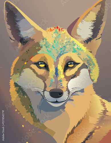 Golden jackal walking with golden patterns and black tail tip, illustrated for commercial and editorial use.