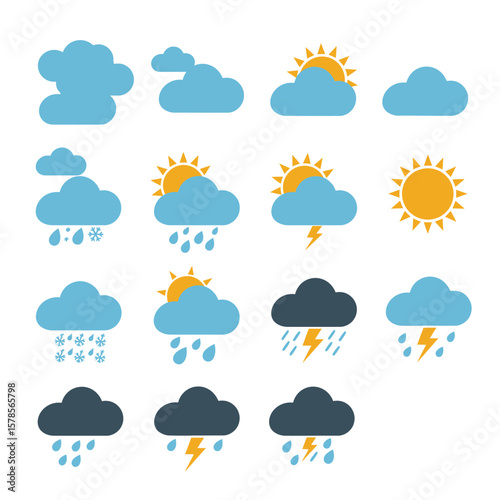A set of weather icons presents a variety of conditions, from sunny skies and scattered clouds to rain, snow, and thunderstorms, all in a clean, vector style.