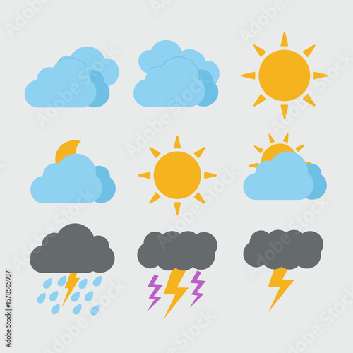 Collection of flat vector icons representing various weather conditions, including sun, clouds, rain, and thunderstorms on a light gray background.