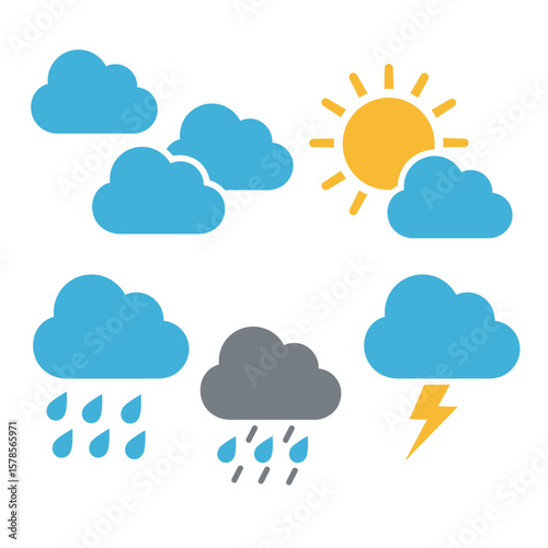 Collection of weather icons depicting sun, clouds, rain, and lightning, ideal for weather apps, websites, or presentations needing simple and visually appealing meteorological symbols.