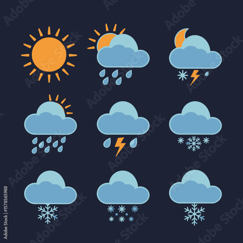 A collection of colorful weather icons depicting various conditions, including sun, rain, snow, and thunderstorms, set against a dark blue background.