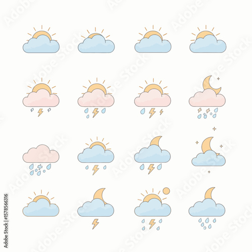 A collection of colorful weather icons displaying various conditions, including sunny, cloudy, rainy, and stormy, perfect for weather forecasts and design projects.