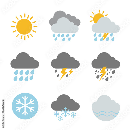 Collection of nine weather icons depicting sun, rain, snow, lightning, and clouds, ideal for weather apps, websites, and presentations, offering a simple and visually appealing design.