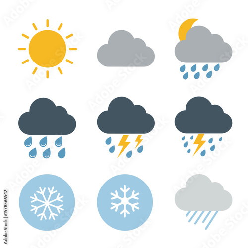 A comprehensive collection of flat design weather icons depicting various atmospheric conditions like sun, clouds, rain, snow, and thunderstorms.