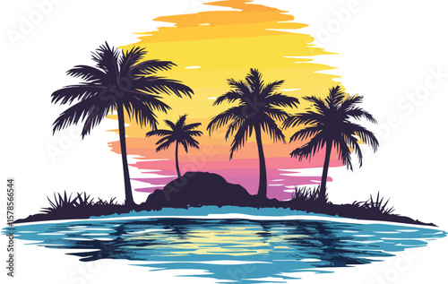 Tropical Island Sunset Illustration with Palm Trees and Ocean View