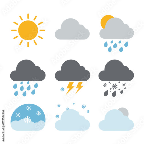 Collection of weather icons depicting sun, clouds, rain, snow, and lightning, ideal for weather apps, websites, or presentations needing clear and simple meteorological symbols.