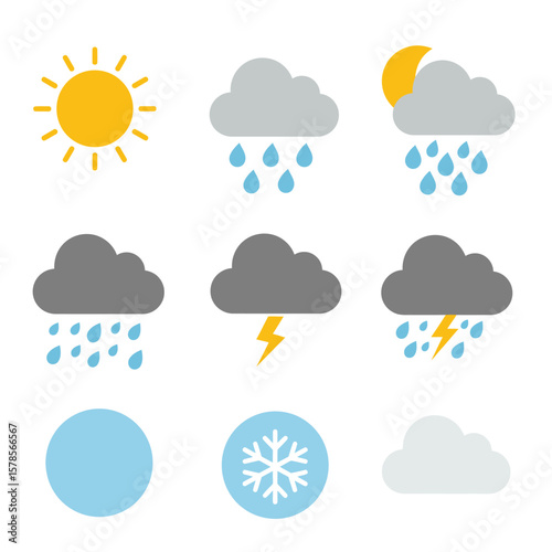 A collection of colorful weather icons depicting various conditions like sun, rain, thunderstorms, snow, and clouds, perfect for weather forecasts and educational materials.