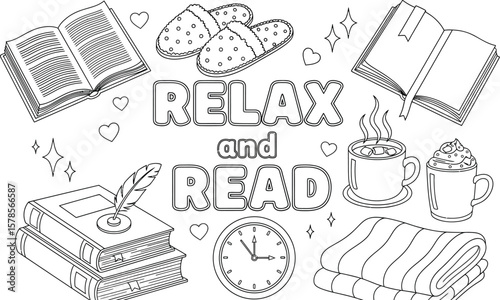 Relax and read coloring page for adults, cozy time coloring sheet, reading theme coloring page for relaxation
