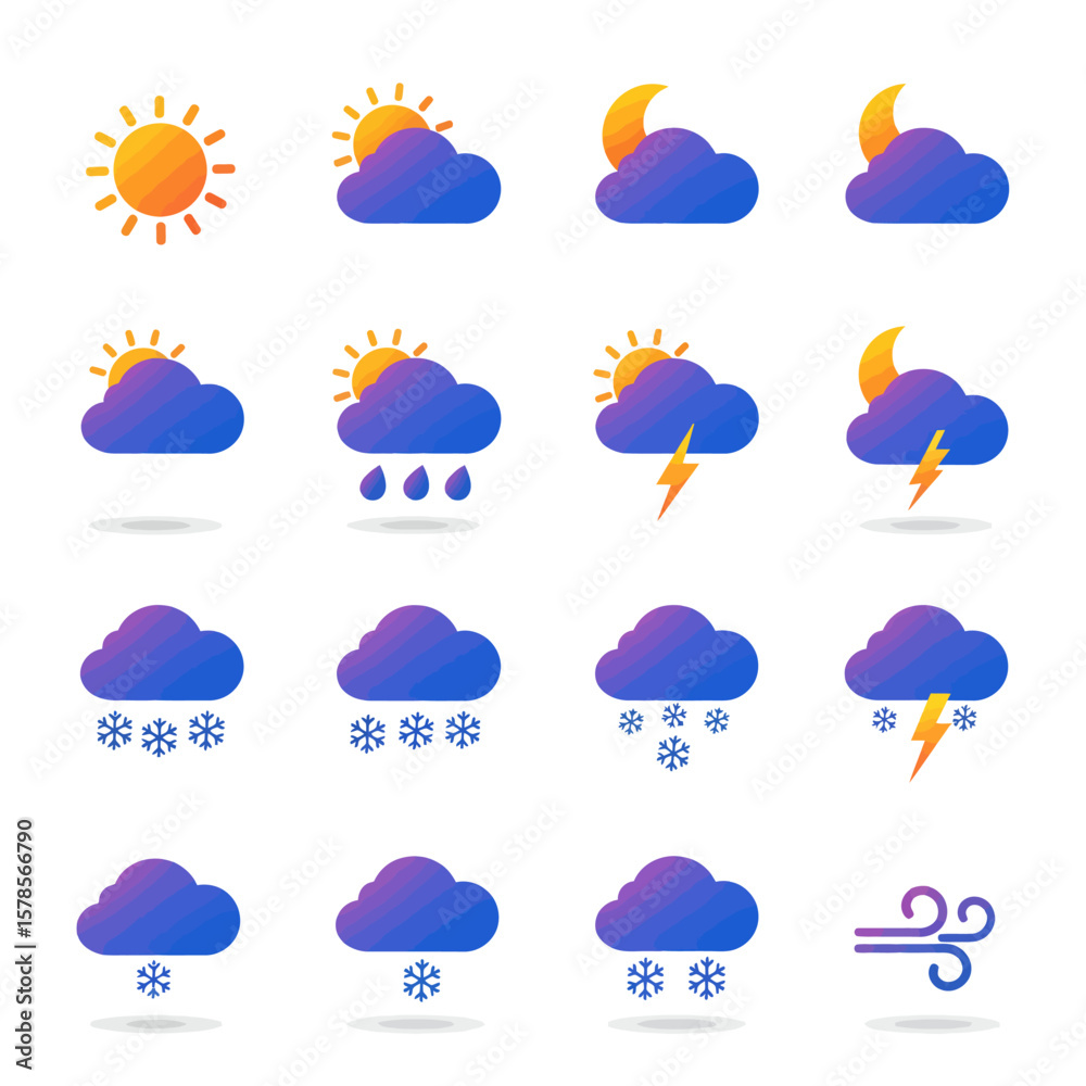 Obraz premium A set of flat vector icons representing various weather conditions, including sun, clouds, rain, snow, lightning, and wind, presented on a clean white background.