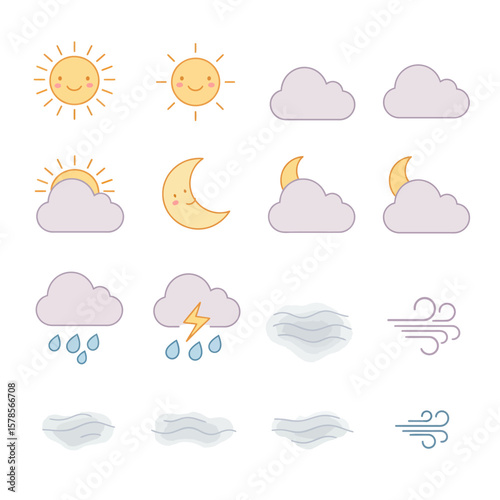A charming collection of cute pastel weather icons depicting various atmospheric conditions like sun, clouds, rain, and wind.