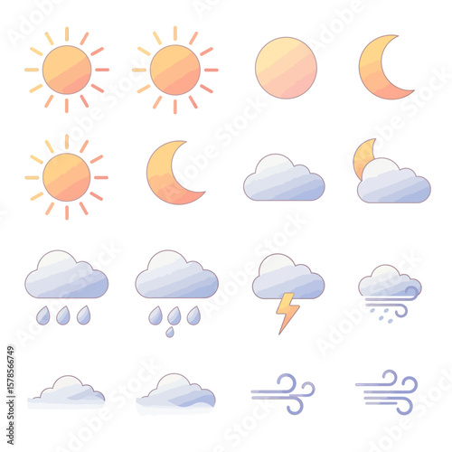 Collection of colorful weather icons featuring sun, moon, clouds, rain, lightning, and wind symbols for forecasting and meteorology.