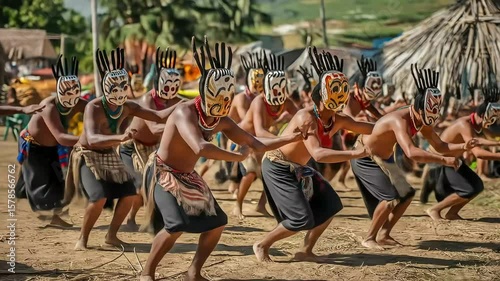 A group of masked individuals in traditional attire perform a synchronized outdoor dance, showcasing their rich cultural heritage and tribal customs