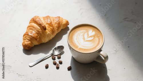 Minimalist flat lay of a fresh croissant and a latte with beautiful foam art on a light-textured stone background.