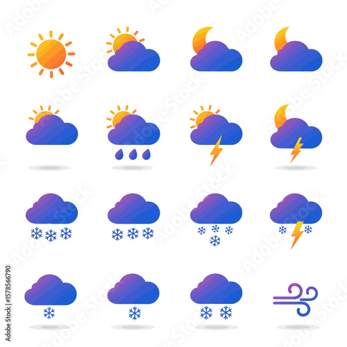 A set of flat vector icons representing various weather conditions, including sun, clouds, rain, snow, lightning, and wind, presented on a clean white background.